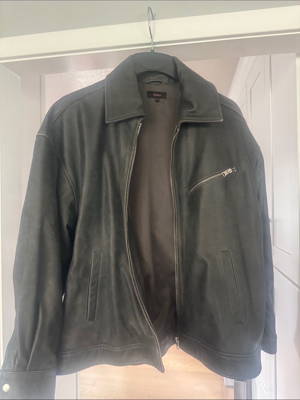 Quince Distressed Black Leather Bomber Jacket